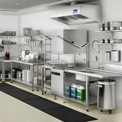 Lavastoviglie a passaggio / a capote - Digitale - 7,1 kW - incl. tavolo di alimentazione a destra, tavolo di uscita a sinistra e decalcificatore - con pompa per detersivo e pompa brillantante