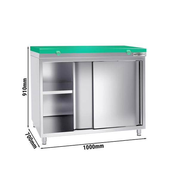 Dulap de lucru din oțel inoxidabil PREMIUM - 1 m - cu ușă glisantă - incl. blat de lucru verde