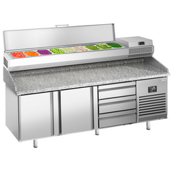 Pizzakylbänk PREMIUM PLUS - 1980x700mm - 2 luckor & 3 lådor - inkl. kylränna - 9x GN 1/4