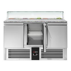 Commercial Saladette Prep Station PREMIUM – 3 Doors – GN 1/1 Pan Well – 1,368×700 mm – +2 to +8 °C – Glass top; 35 mm insulation