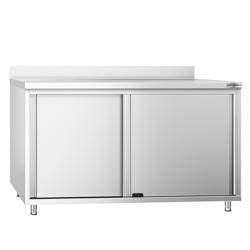 Tavolo armadiato in acciaio inox PREMIUM - 1400x600mm - con 2 porte scorrevoli - con alzatina