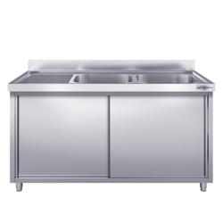 Mueble fregadero de acero Inox. PREMIUM - 2,0 m - 2 fregaderos a la derecha A 50 x P 50 x A 25 cm