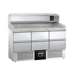 Pizzawerkbank PREMIUM - 1400x700mm - met granieten werkblad - met 6 laden 1/2 - incl. opzetkoelvitrine - 6x GN 1/4