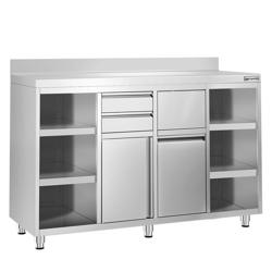 Masă suport espressor din oțel inoxidabil - 1600x600 mm - 2 uși batante - 2 sertare - cu rebord