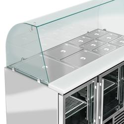 Mesa saladette refrigerada PREMIUM - 1368mm - 3 puertas de cristal - con vitrina de cristal para 4x GN 1/1