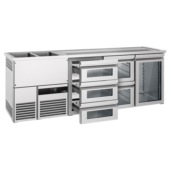 Barowy stół chłodniczy PREMIUM - 2500x700mm - 1 szklane drzwi & 5 szklanych szuflad