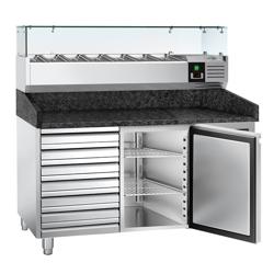 Pizzawerkbank PREMIUM - 1500x800mm - met granieten werkblad - met 1 deur & 7 laden - incl. glasvitrine - 6x GN 1/3