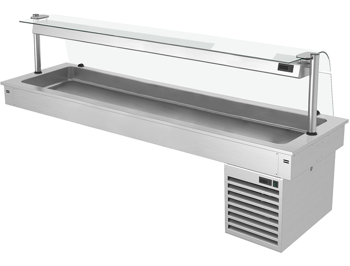 Cuve réfrigérée encastrable Drop-In - 2100mm - +2 à +8°C - 6x GN 1/1 - 410W - avec pare-haleine en verre