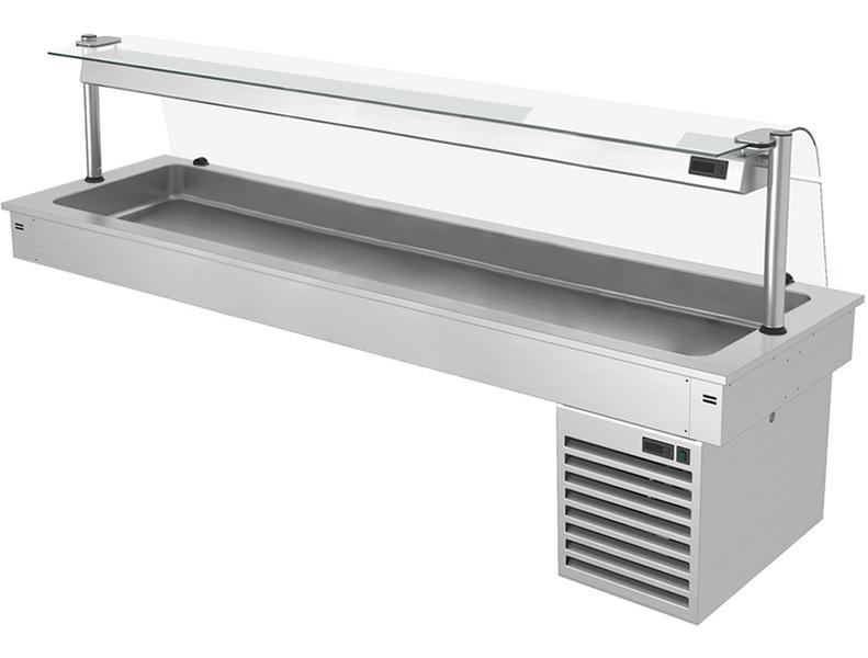 Commercial Drop-in Refrigerated Well - 2100mm - +2 to +8°C - 6x GN 1/1 - 410W - Curved Glass - with Glass Sneeze Guard