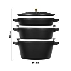 (3 pieces) STAUB | Stackable Cast Iron Cocotte & Pan Set – Ø 24 cm - Black - Enamelled + Lid