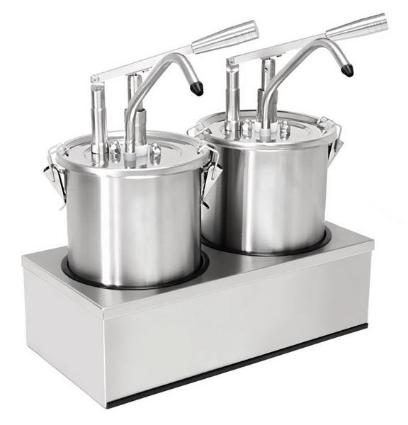Sausdispenser - RVS - 2-delig - 2x4L - 405x205x415mm - instelbare dosering - met bak - incl. RVS frame