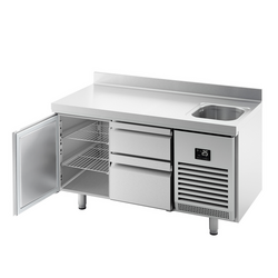 Koelwerkbank Premium PLUS - 1468x600mm - met 1 spoelbak, 1 deur, 2 laden & achterwand