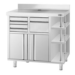 Gesloten RVS werktafel - 1000x600mm - met 2 draaideuren, 2 laden - met achteropstand