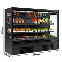 Supermarkt-wandkoelmeubel - 2580mm - met 4 dubbelglas glazen draaideuren & 2 schappen - 1408 liter - zwart