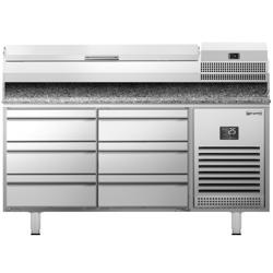 Commercial Refrigerated Pizza Prep Counter Premium PLUS - 1490x700 - 6 Drawers - Top Display Rail - 6x GN 1/4