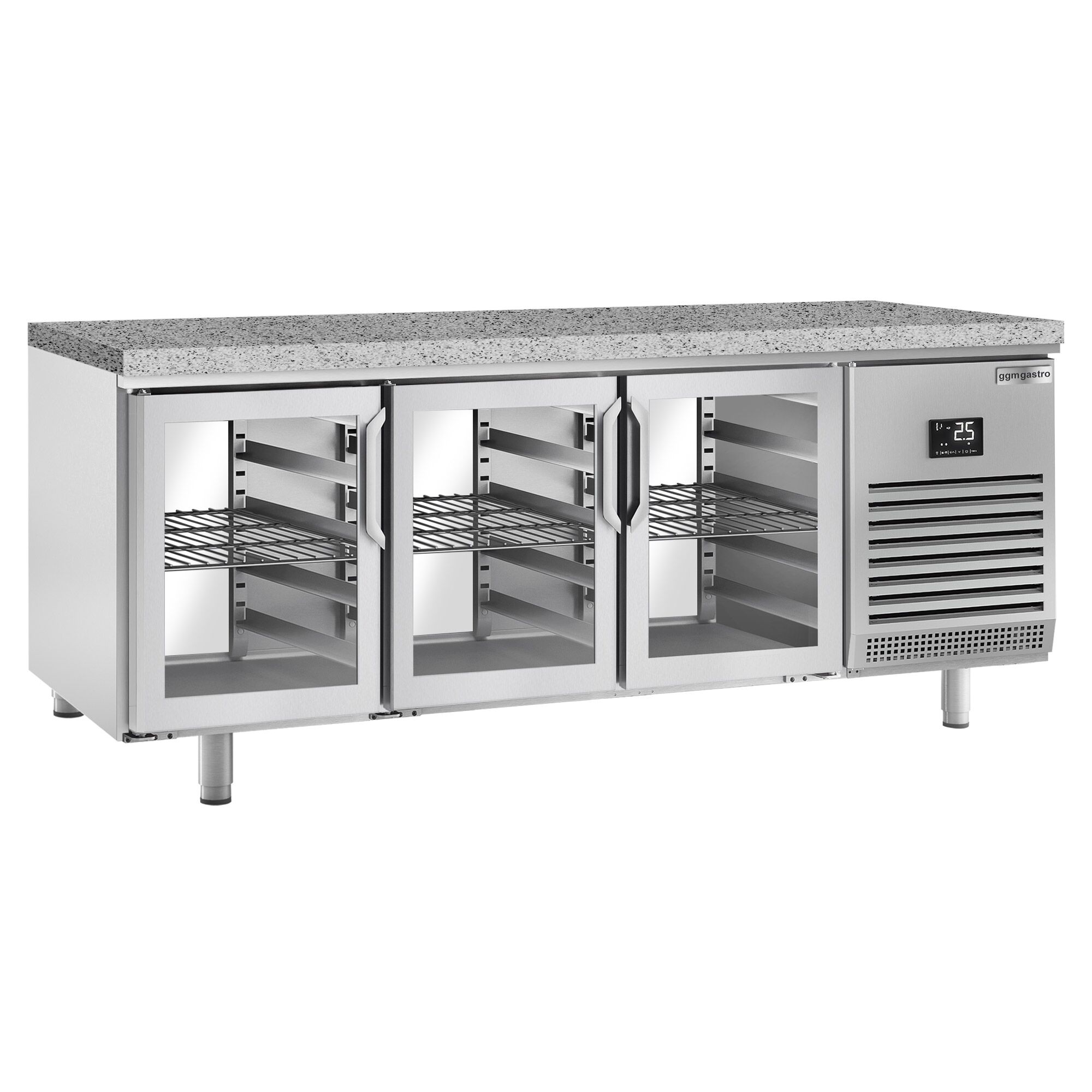 Table réfrigérée de boulangerie Premium PLUS - 2185x800 mm - avec portes vitrées des deux côtés & plan de travail en granit