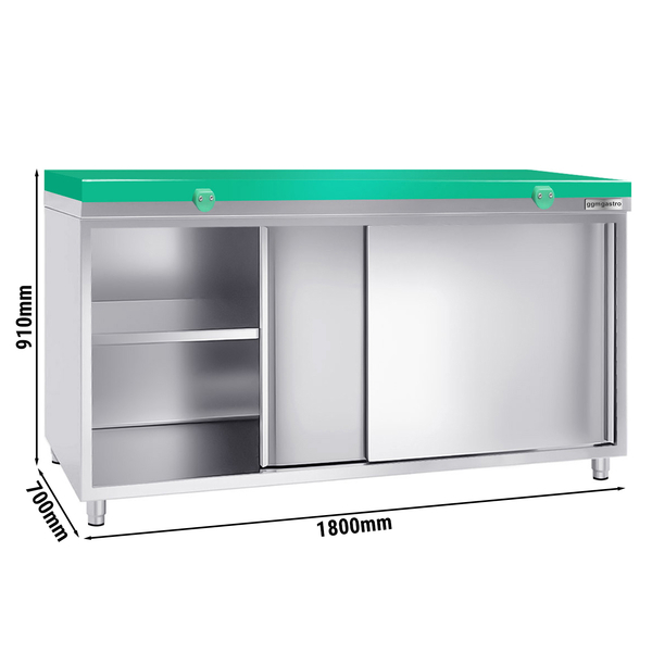Dulap de lucru din oțel inoxidabil PREMIUM - 1,8 m - cu ușă glisantă - incl. blat de lucru verde