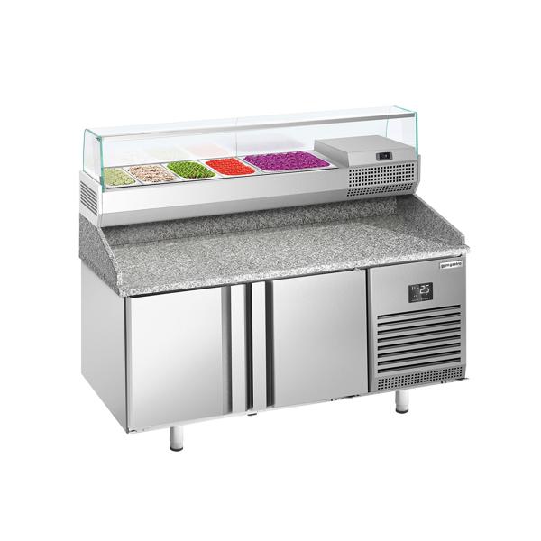 Saladette pizza refrigerata PREMIUM PLUS - 1490x700mm - con 2 porte - piano in granito - con vetrina ingredienti refrigerata superiore - 6x GN 1/4