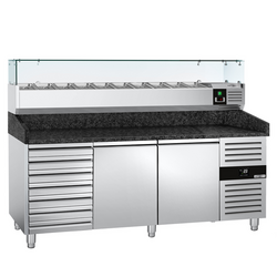 Rashladni pult za pripremu pizze PREMIUM - 2000x800 mm - sa 2 vrata & 7 ladica - uklj. Rashladna nadograđena vitrina - 10x GN 1/4