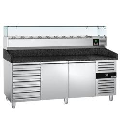Pizzawerkbank PREMIUM - 2025x800mm - met granieten werkblad - met 2 deuren & 7 laden - incl. glasvitrine - 10x GN 1/4