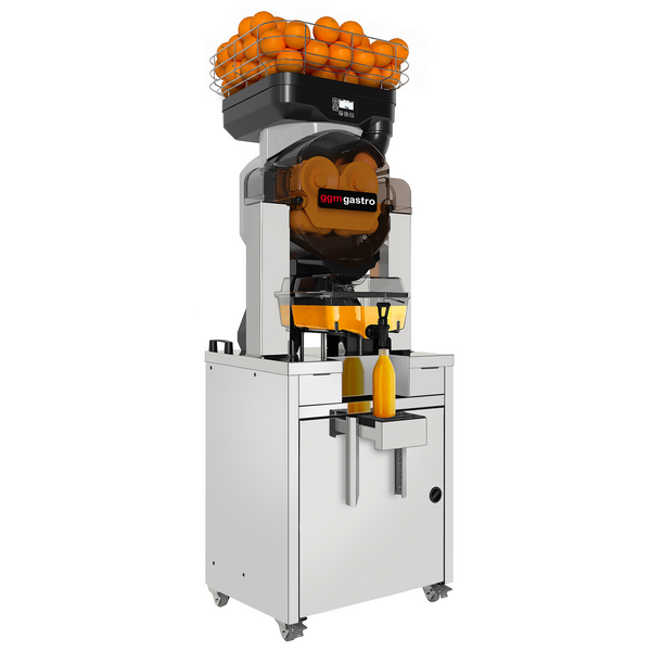 Exprimidor de naranjas eléctrico - con alimentador automático de fruta, almacenamiento de zumo y base - plateado