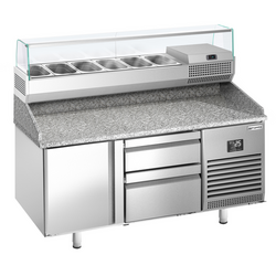 Ψυγείο Πάγκος Πίτσας Premium PLUS - 1490x700mm - με 1 πόρτα & 2 συρτάρια - με ψυχόμενη βιτρίνα - 6x GN 1/4