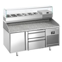 Banco pizza refrigerato PREMIUM PLUS - 1490x700mm - con 1 porta & 2 cassetti - piano in granito - con vetrina ingredienti refrigerata superiore - 6x GN 1/4