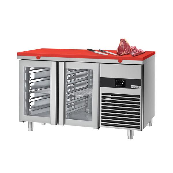 Koelwerkbank PREMIUM - 1400x700mm - 2 glazen deuren - incl. snijplank rood