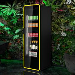 Vitrină frigorifică pentru băuturi - 670 mm - 550 litri - afișaj digital - 1 ușă din sticlă batantă & iluminare LED colorată - temperatură +1/+7 °C - negru