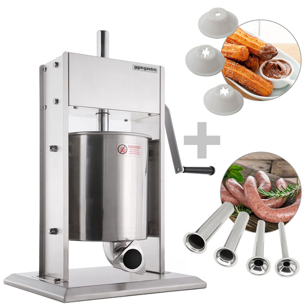 	Manuel sosis doldurma ve churro makinesi - 10 litre - paslanmaz çelik - 4 sosis doldurma ve 3 churro aparatı dahil