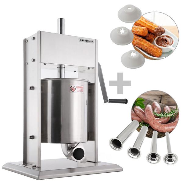 Ručna punilica za kobasice & churro stroj - 10 litara - Nehrđajući čelik - Uklj. 4 nastavka za punjenje kobasica- & 3 nastavka za churro