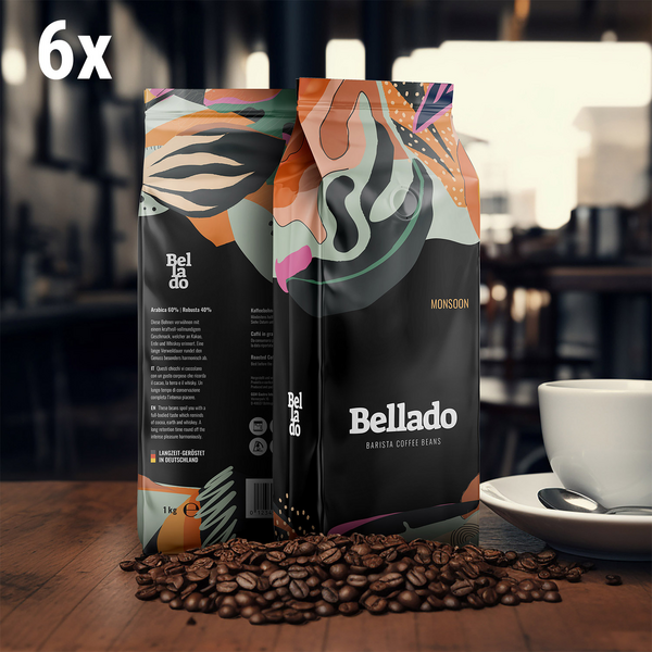 BELLADO | حبوب قهوة "مونسون" - 6× 1 كغ - 60% أرابيكا و40% روبوستا