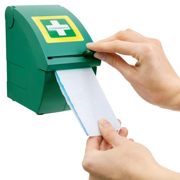 Distributeur de pansements - remplie - Vert - pour la restauration et l’agroalimentaire - avec bleus détectables, support mural inclus - incl. 3 recharges Soft Foam bleues