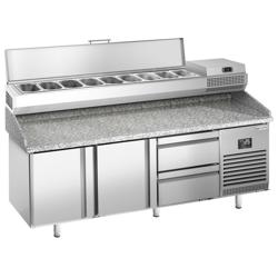 Pizzawerkbank PREMIUM PLUS - 1980x700mm - met granieten werkblad - met 2 deuren & 2 laden - incl. opzetkoelvitrine - 9x GN 1/4