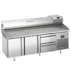 Pizzawerkbank PREMIUM PLUS - 1980x700mm - met granieten werkblad - met 2 deuren & 2 laden - incl. opzetkoelvitrine - 9x GN 1/4