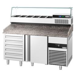 Pizzakylbänk PREMIUM - 1550x800 mm - granitskiva - med 1 dörr & 5 lådor - inkl. kylränna med glastopp - 6x GN 1/3