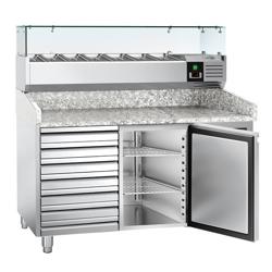 Banco pizza refrigerato ECO - 1500x800mm - con 1 porta & 7 cassetti - piano in granito - con vetrina ingredienti refrigerata superiore - 7x GN 1/4