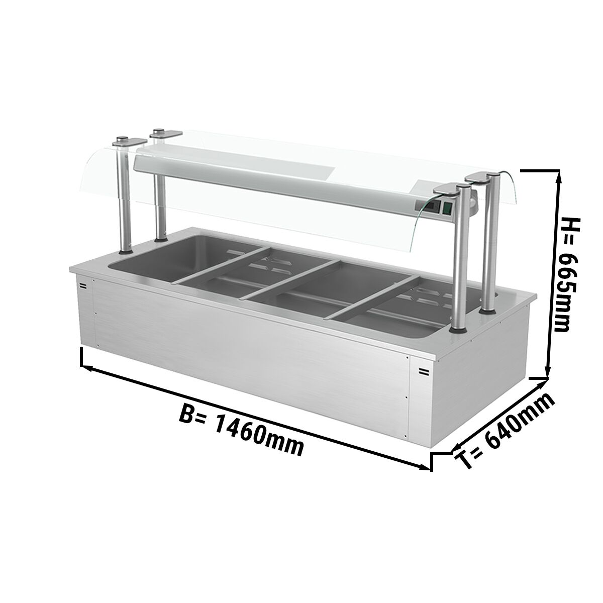 Bain-marie encastrable - 1500 mm - 4 x GN 1/1 - 3,37 kW - avec protection hygiénique en verre