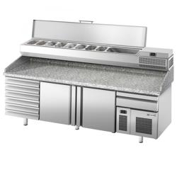 Pizzawerkbank PREMIUM PLUS - 2305x800mm - met granieten werkblad - met 2 deuren & 6 laden - incl. opzetkoelvitrine - 10x GN 1/3