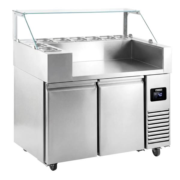 Commercial Refrigerated Prep Table PREMIUM – Glass Top – 2 Doors – 1210 mm – for 9× GN 1/6 – Crêpes device not included