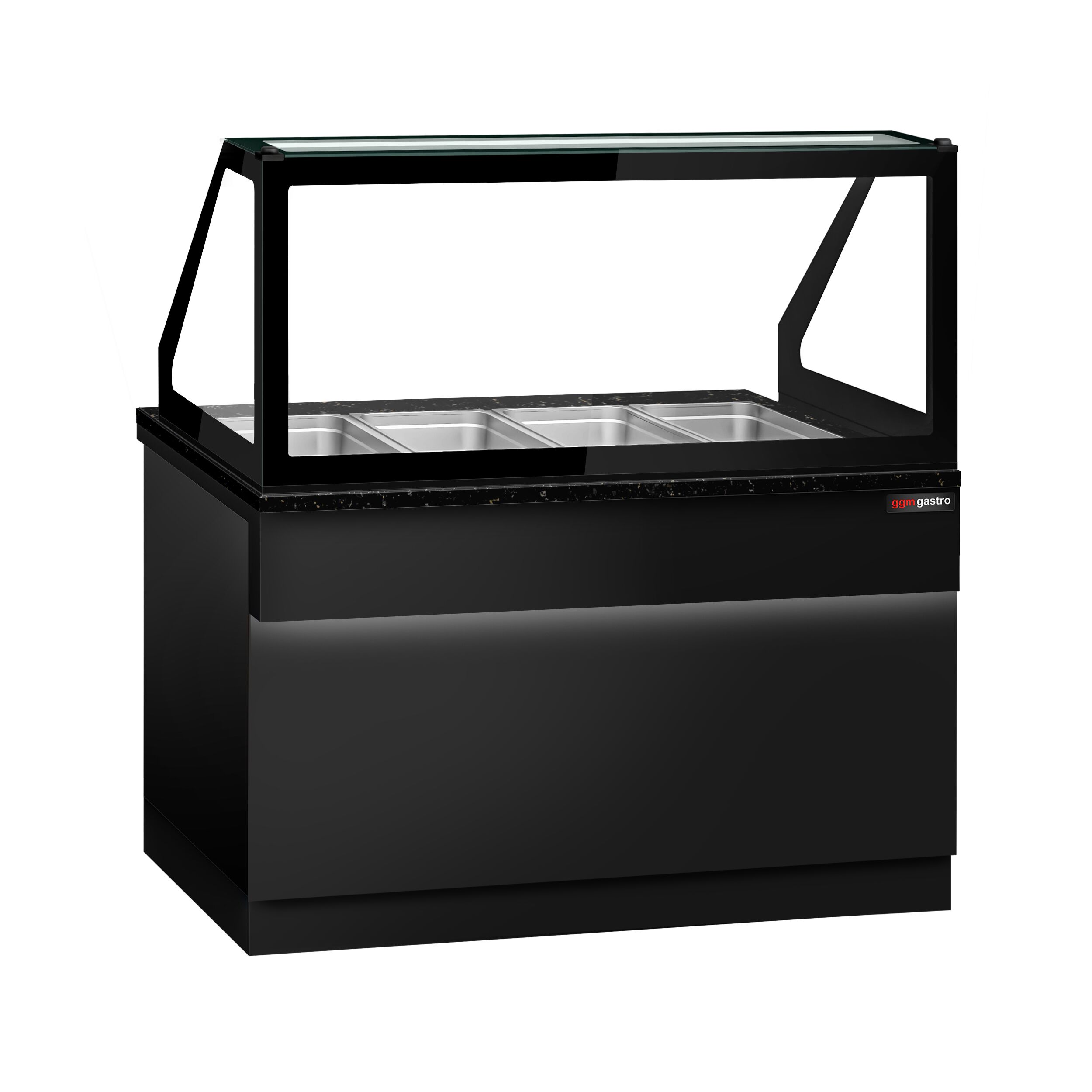 Vitrine chauffante TORONTO – 1500 mm – façade noire – pour 4 × GN 1/1 – plan de travail en granit noir