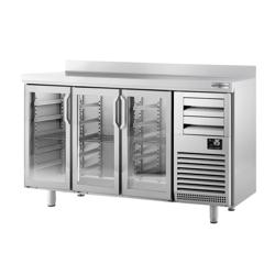 Commercial Bar Refrigerated Table PREMIUM PLUS- 1960x600mm - with 3 glass doors, 2 drawers & backsplash