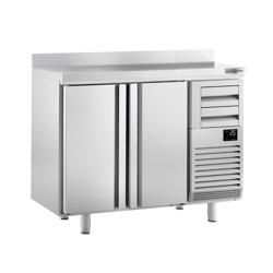 Tavolo refrigerato per bar e bevande Premium PLUS - 1470x600mm - con 2 porte, 2 cassetti e alzatina