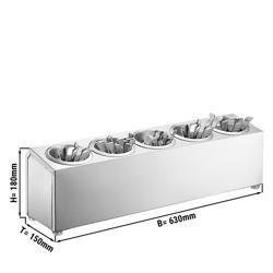 Çatal Kaşık Standı - 630x150mm - Yükseklik:180mm - Paslanmaz çelik - 5 adet paslanmaz çelik çatal kaşık kovası dahil