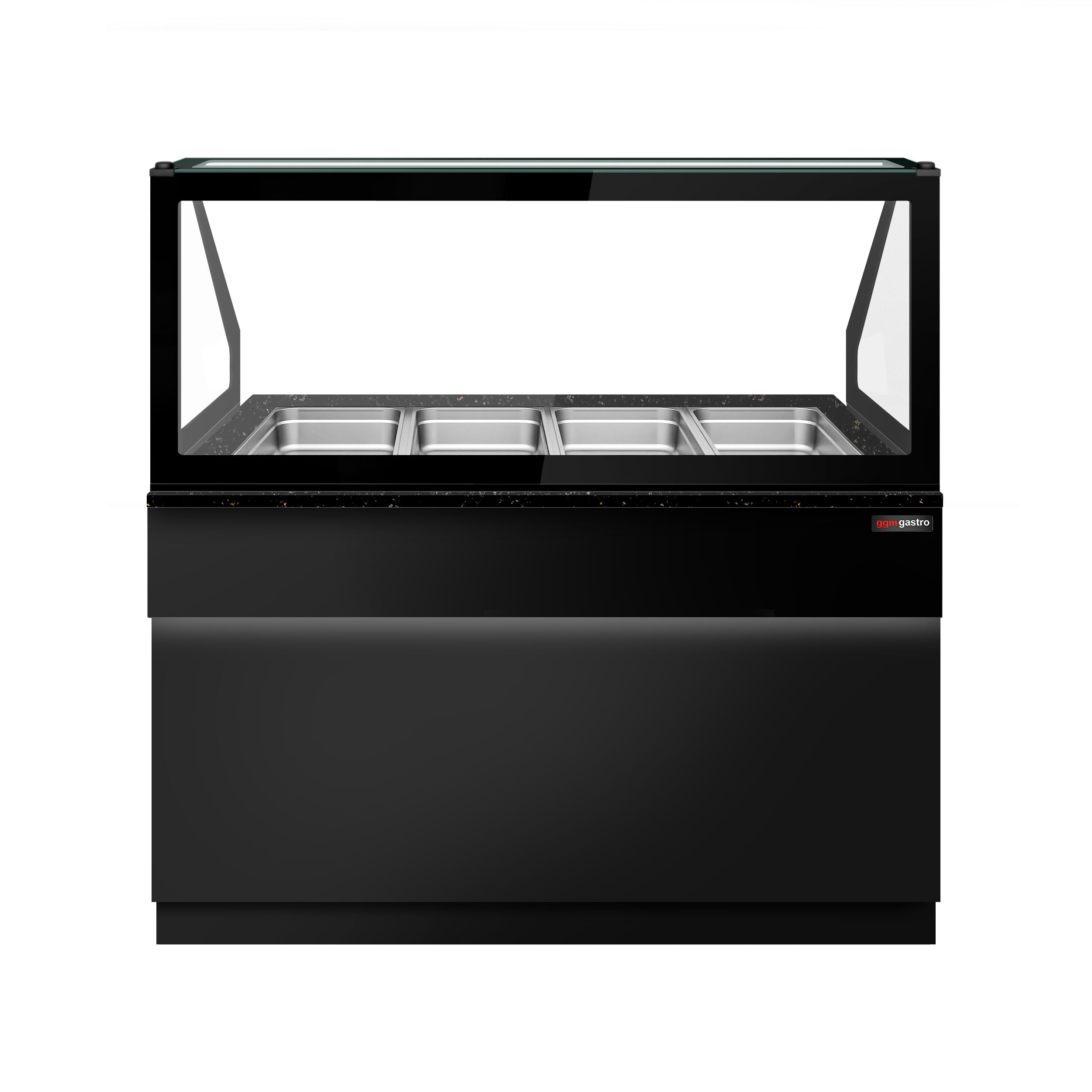 Vitrine chauffante TORONTO – 1500 mm – façade noire – pour 4 × GN 1/1 – plan de travail en granit noir