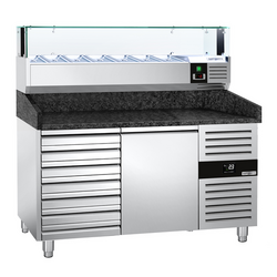 Rashladni pult za pripremu pizze PREMIUM - 1500x800 mm - sa 1 vratima & 7 ladica - uklj. Rashladna nadograđena vitrina LED - 7x GN 1/4