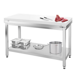 Tavolo da lavoro in acciaio inox PREMIUM - 1400x800 mm - con ripiano inferiore senza alzatina incl. tagliere	