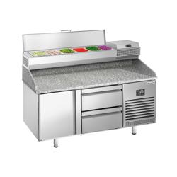 Chladicí stůl na pizzu PREMIUM PLUS - 1490x700 mm - se 1 dveřmi a 2 zásuvkami - se žulovou pracovní deskou - vč. chladicí nástavbové vitríny - 6x GN 1/4