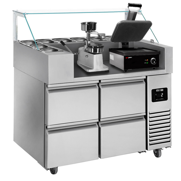 Mesa de preparação - 1,21 x 0,7 m - com 4 gavetas 1/2 - incl. contato máquina de grelha e hambúrguer