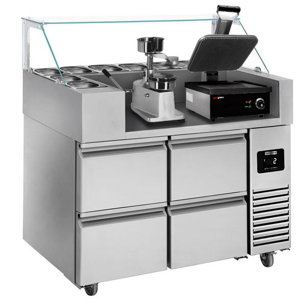Commercial Refrigerated Prep Table  - 4 Drawers - 1210 mm - for 9× GN 1/6 - Contact grill & Hamburger Press